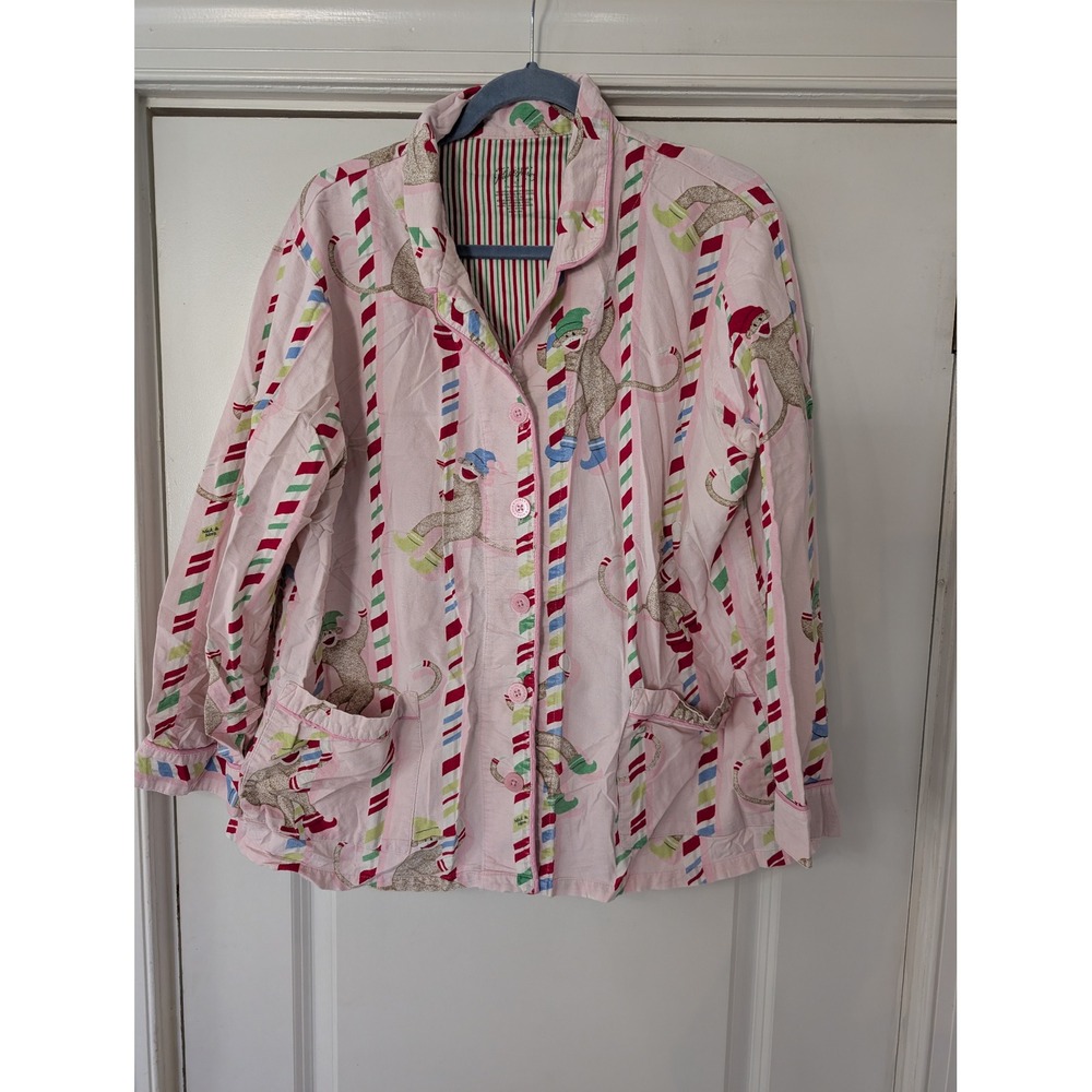 Nick & Nora Pink Christmas Sock Monkey Flannel Pajama Top XXL Candy Cane‎ Stripe